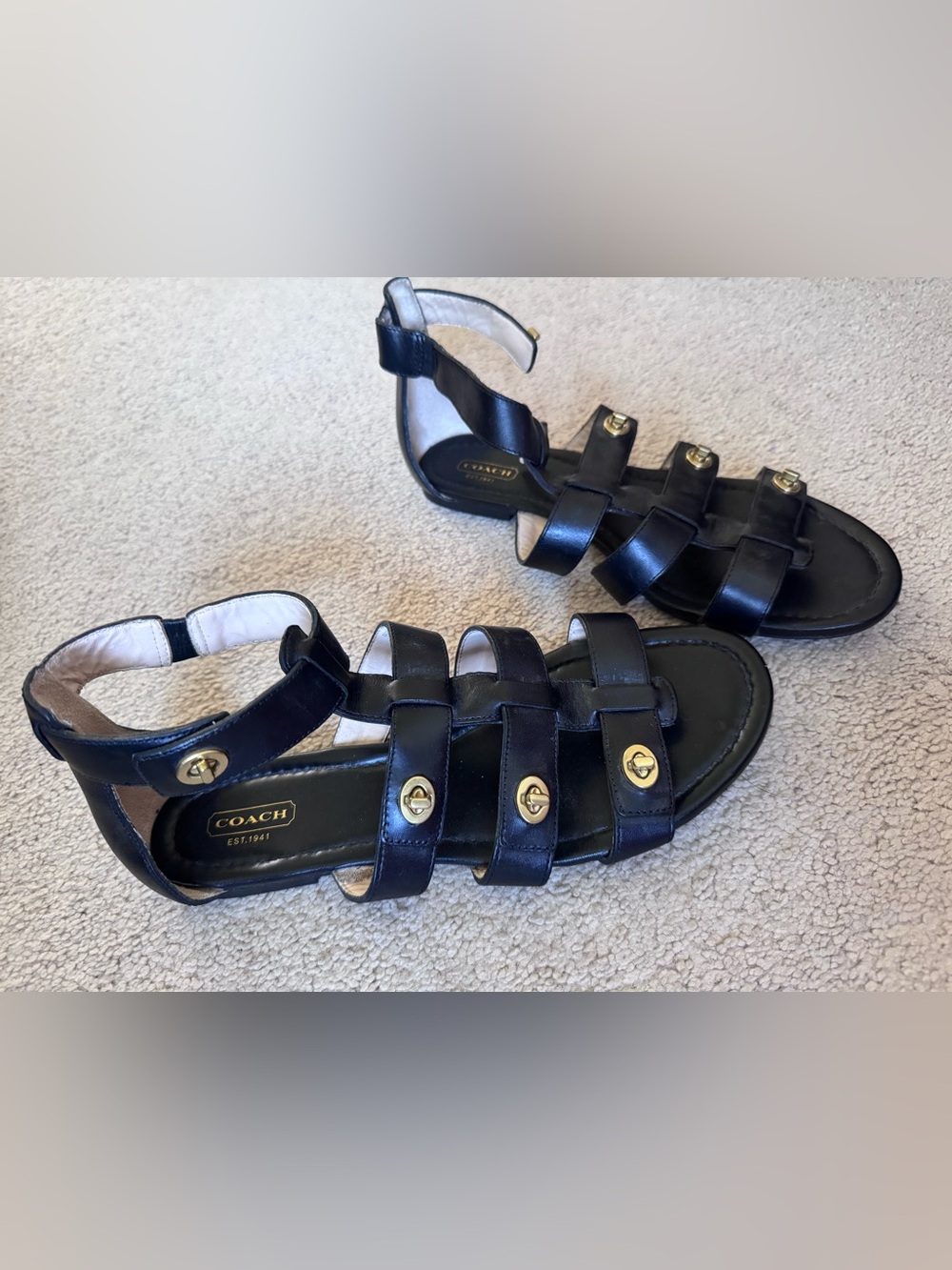 Coach Black Leather Gladiator Sandals with Gold Toggle Accents